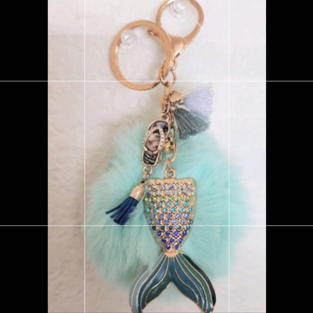 Aquamarine Pom Pom Bag Charm-Keychain w/Mermaid Tail Pregnant style Charm